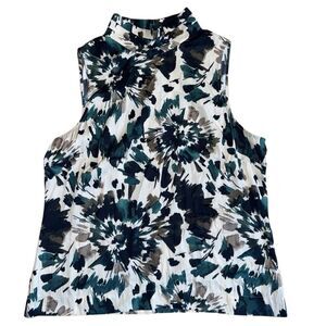 Tart Women's Pleated Mock Neck Green & Cream Abstract Sleeveless Top Size Large
